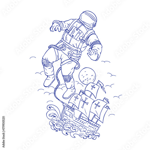 Astronaut Tethered Caravel Ship Drawing