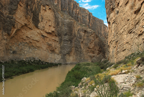 A view of the Rio Grande River and Mexico from the Saint Elena Canyon Trail, Big Bend National Park, Texas. This trail is easily accessible and affords great views of the river .