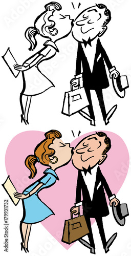 A woman kisses her husband