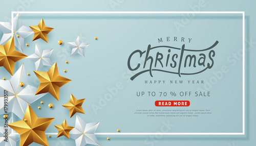 Merry christmas sale background Decorated with Gold and silver Stars.Vector illustration template.