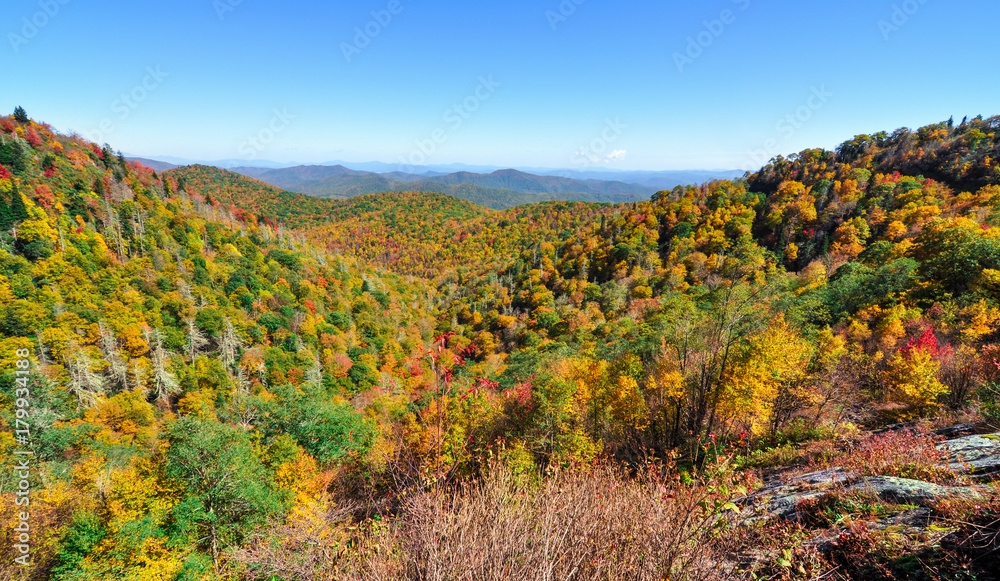 Autumn panorama at East Fork Overlook on the Blue Ridge Parkway during fall in the Appalachian Mountains