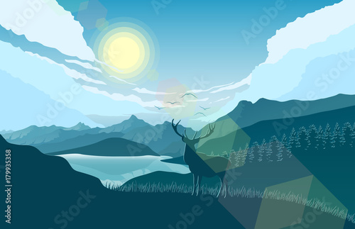 Fototapeta Naklejka Na Ścianę i Meble -  Mountains landscape with deer on the hills and lake