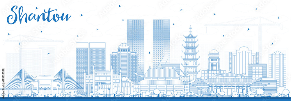 Outline Shantou China Skyline with Blue Buildings.