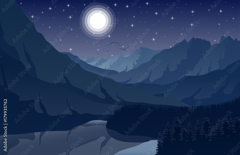 Night mountain landscape with forest and lake