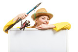 Happy woman with fishing rod holding board