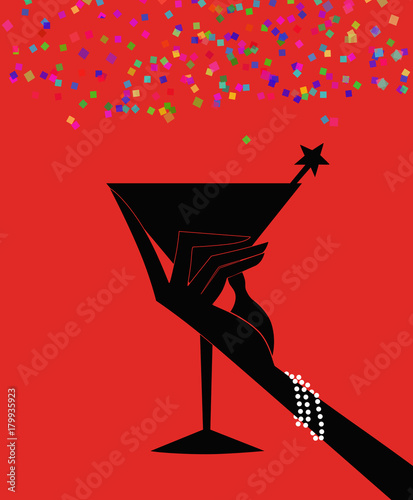 Silhouette of a Woman's Hand Holding a Cocktail on a Red Background