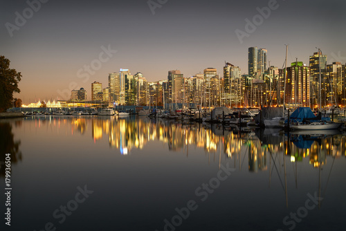 Coal Harbor Twilight  Vancouver. A calm Coal Harbor next to Stanley Park at twilight. Vancouver  British Columbia.    