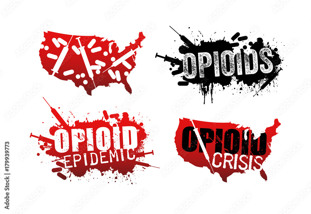 Set of grunge designs with text about the opioid crisis or epidemic in the United States. - obrazy, fototapety, plakaty 