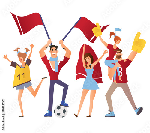 Group of sport fans with football attributes cheering for the team. Flat vector illustration on a white background. Cartoon character image.