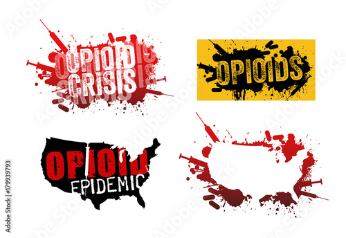 Set of grunge designs with text about the opioid crisis or epidemic in the United States.