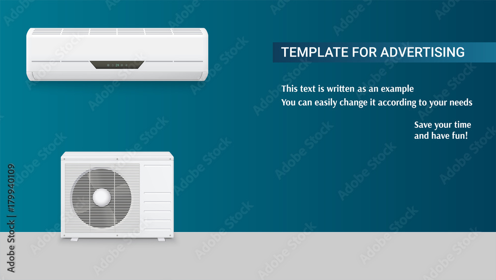 Αυτοκόλλητο Template with air conditioning for advertisement on horizontal long backdrop, 3D illustration with example of text design