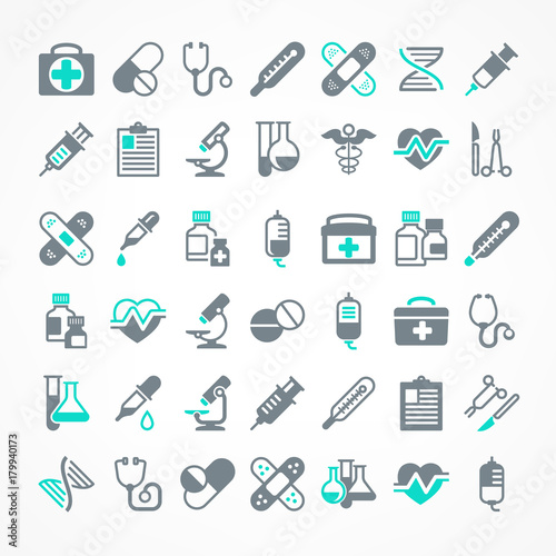 Set of medical icons on white blue, medicine symbols in black.