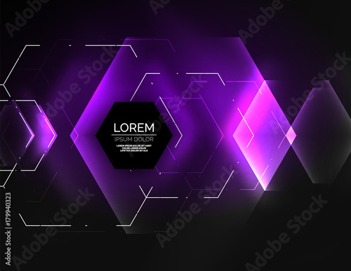 Digital techno abstract background, glowing hexagons