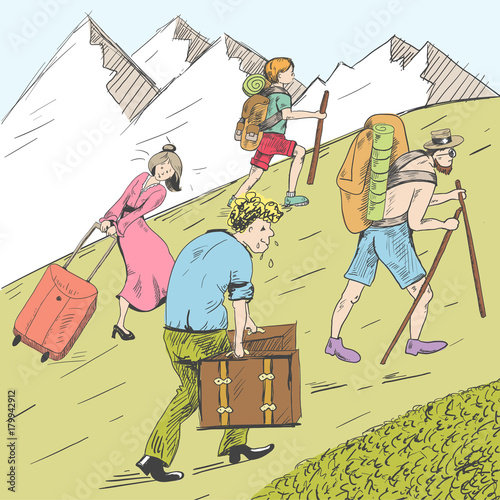 Comic strip. Tired travelers climb a mountain. Tourists follow the guide.
