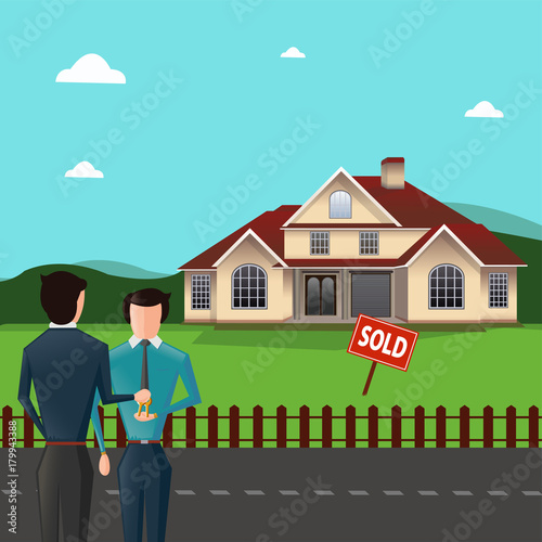 Real estate agent giving house keys to his client in front of the sold house. Real Estate concept vector illustration. © rashmisingh