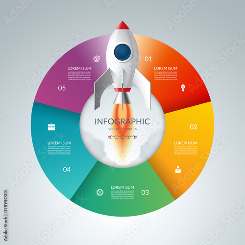 Vector infographic circle with 5 options. Business start up concept with launching rocket. Can be used for graph, cycling diagram, round chart, workflow layout, web design.