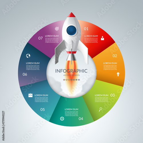 Vector infographic circle with 7 options. Business start up concept with launching rocket. Can be used for graph, cycling diagram, round chart, workflow layout, web design.