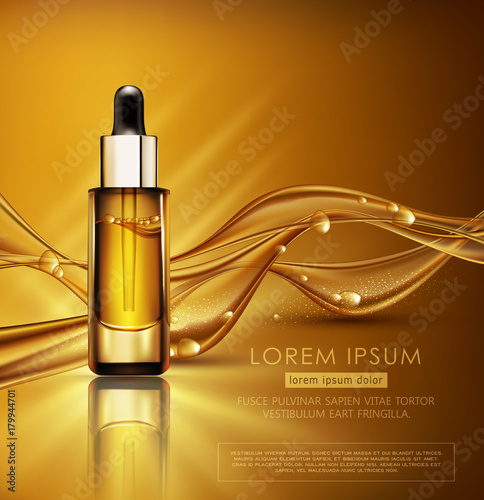 Vector glass vial with professional facial serum on  the background of waves and bubbles. Template cosmetic products with oil Q10. Element for design, advertising, promotion of cosmetic