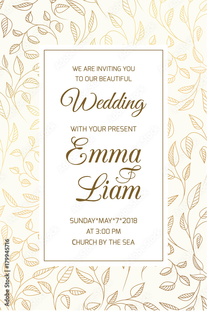 Wedding marriage event invitation RSVP card template. Swirly curly tree branch leaves border frame. Shining golden gradient on white background. Vertical portrait aspect ratio. Text placeholder.