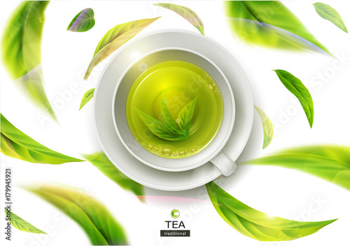 Vector 3d illustration with green tea leaves in motion on a white background and  ceramic mug with saucer with green tea. Element for design, advertising, packaging of tea products