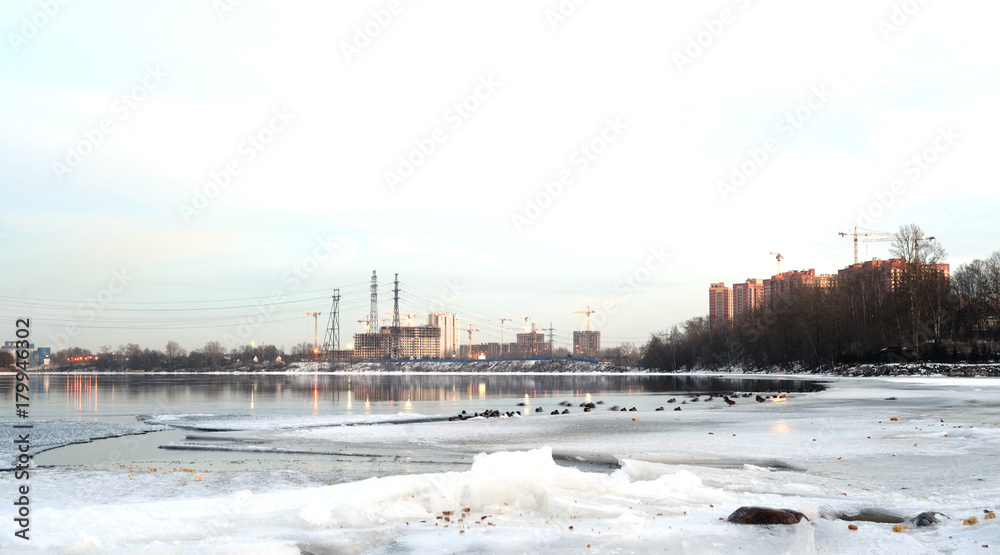 View of Neva River at winter day.