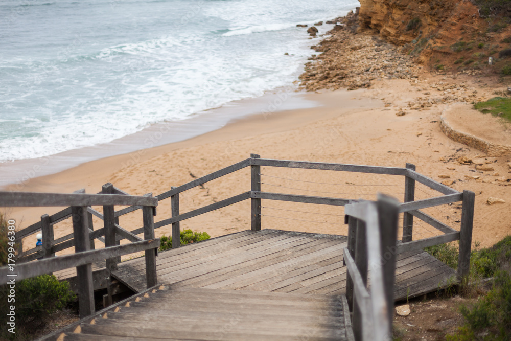 Wooden staircase leading down to the iconic Bells Beach
