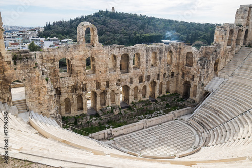 Odeon of Herodes Atticus Stone Theatre at Acropolis in Athens, Greece side view