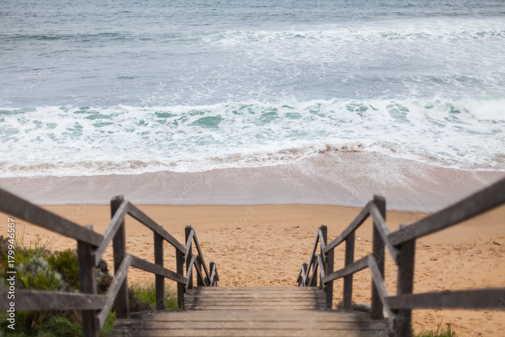 Wooden staircase leading down to the iconic Bells Beach Wooden staircase leading down to the iconic Bells Beach
