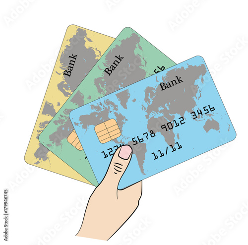 Male hand showing credit cards. vector illustration.