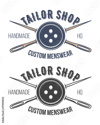 Tailor shop emblem or signage with business information vector illustration in retro style. Custom, individual sewing handiwork small business brand sticker, label or badge design template