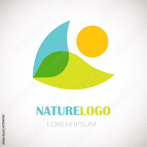 Nature logo - fresh green leaf, blue water and orange sun elements on white background.