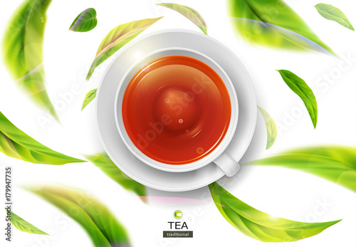 Vector 3d illustration with green tea leaves in motion on a white background and  ceramic mug with saucer with black tea. Element for design, advertising, packaging of tea products