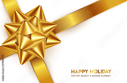 Vector illustration. Gold bow for packing gifts, isolated on white background. Realistic 3d object. Element for design.