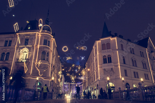 Christmas decoration of Ljubljana city center at night.