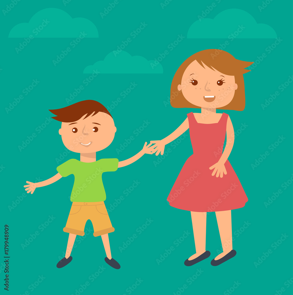Happy family illustration. Brother and sister portrait in flat style. Boy and girl holding hands Happy family illustration. Brother and sister portrait in flat style. Boy and girl holding hands