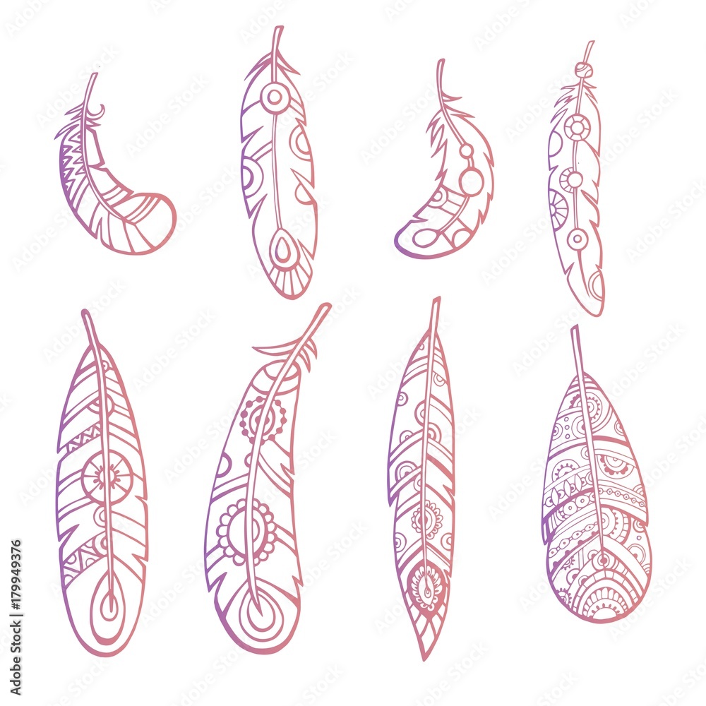 Hand-drawn feathers set. Cool sketch illustrations for your design. White background. Multi color. Hand-drawn feathers set. Cool sketch illustrations for your design. White background. Multi color.