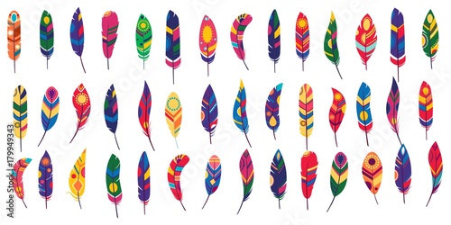 Vector colored feathers set. Bird feathers painted in colorful patterns.White background. For web design.