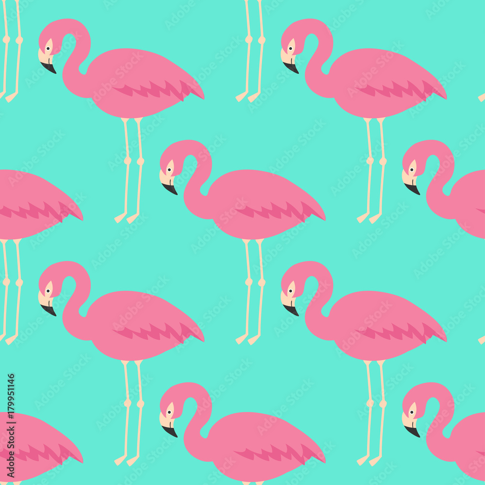 Naklejka premium Flamingo seamless pattern on mint green background.