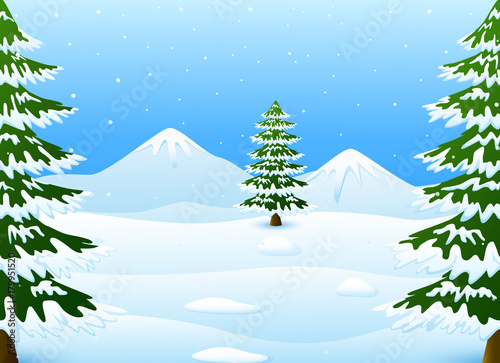 Winter mountains landscape with fir trees and falling snow