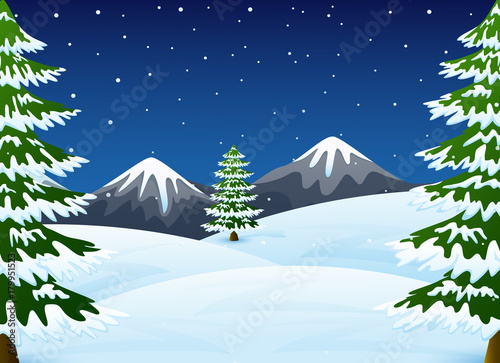 Winter night landscape with mountains and fir tree