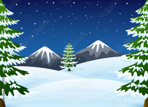 Winter night landscape with mountains and fir tree