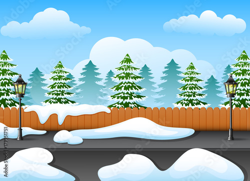 Winter forest landscape with fir tree and snowy on the street