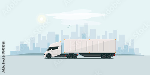 Modern Futuristic Electric Semi Truck with Trailer in the City
