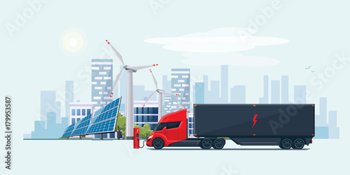 Electric Semi Truck in City with Solar Panels and Wind Turbines
