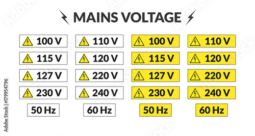 Set of worldwide mains voltage stickers. 50 and 60 hertz