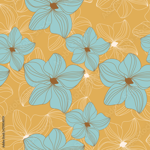 Retro seamless pattern with blue orchid flowers on yellow background