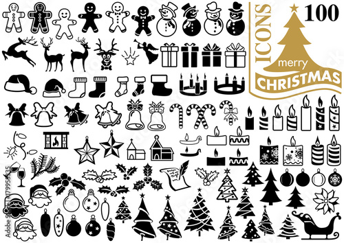 Set of Modern Flat Christmas Icons for Design Projects - Black and White Illustrations, Vector