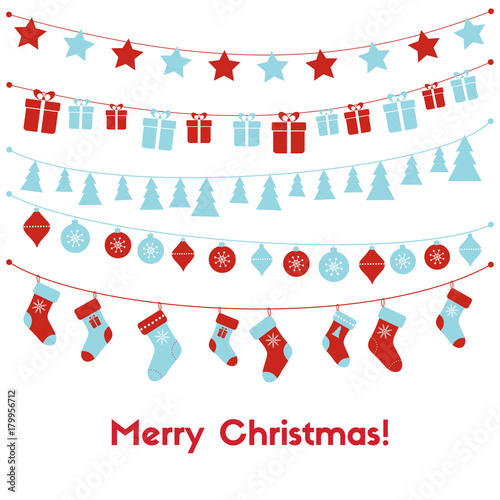 Christmas greeting card with festive garlands, christmas toys, stockings, gift boxes