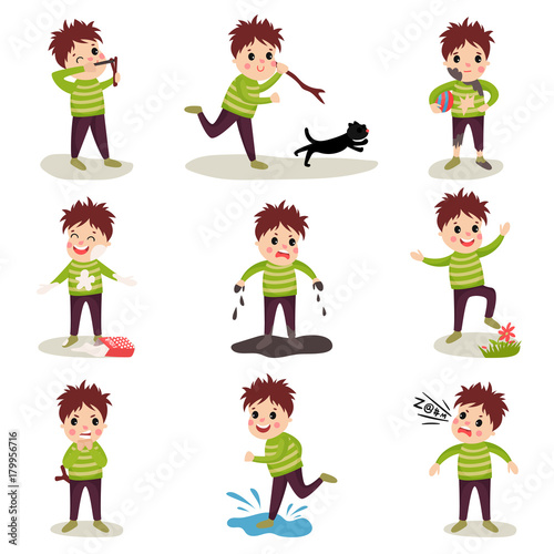Cartoon character of naughty kid set, playing games and making mess