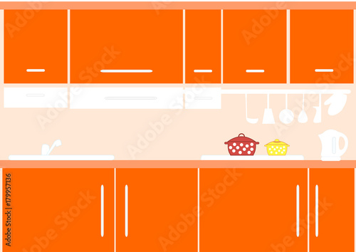 Interior of kitchen in orange color. Vector illustration. EPS10